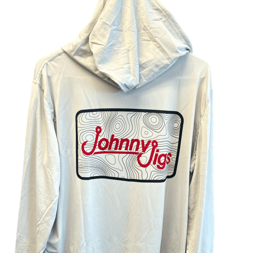 JohnnyJigs L/S UV Hooded Fishing Shirt - Light Grey w/ Red Logo / Small - Light Grey w/ Red Logo / Medium - Light Grey w/ Red Logo / Large - Light Grey w/ Red Logo / X Large - Light Grey w/ Red Logo / 2 XL